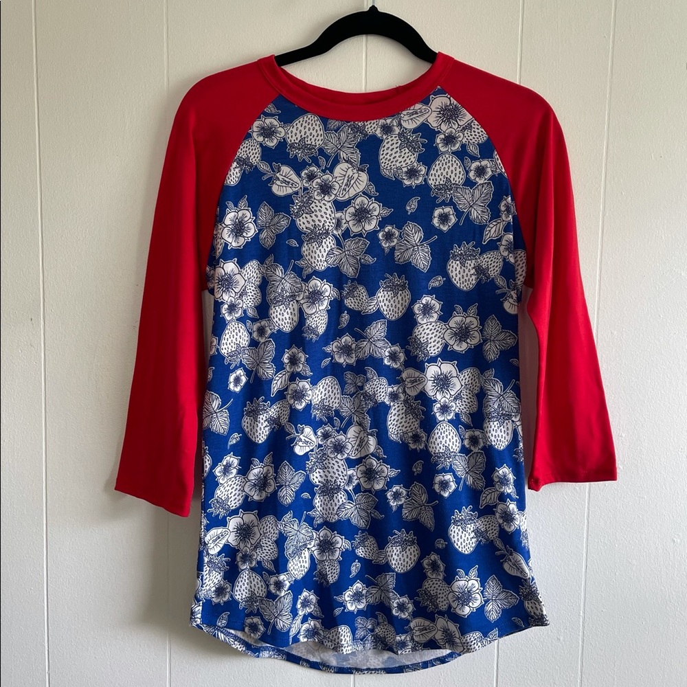 LuLaRoe Randy Strawberry Print Baseball Tee